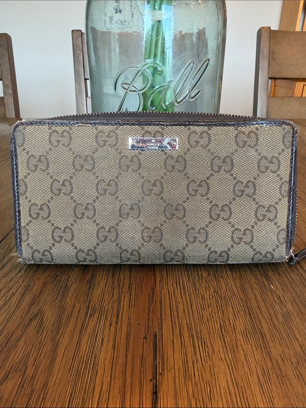 Gucci Brown Beige Signature Zip Around Wallet